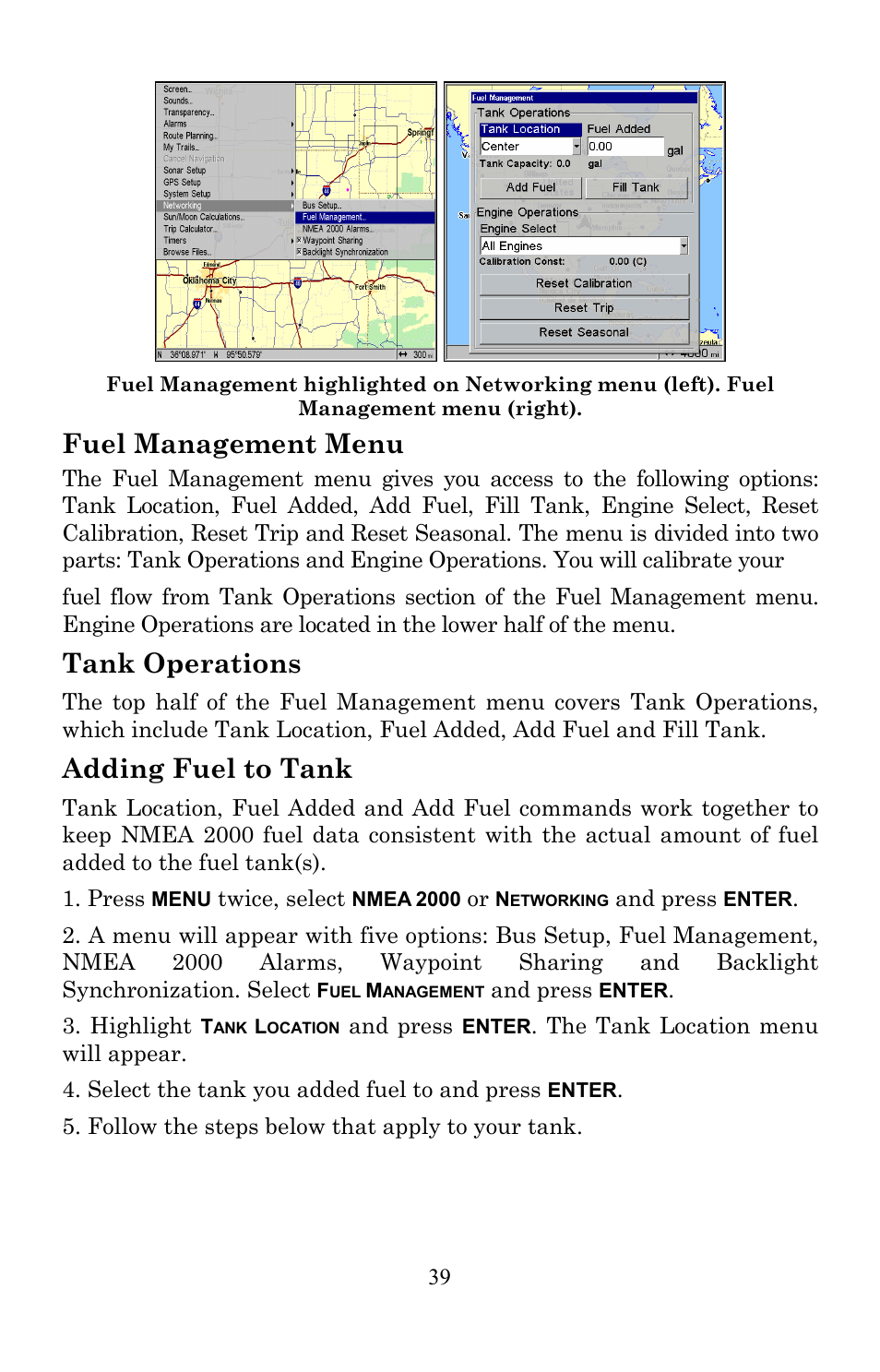 Fuel management menu, Tank operations, Adding fuel to tank | Lowrance electronic EP-60R User Manual | Page 39 / 48
