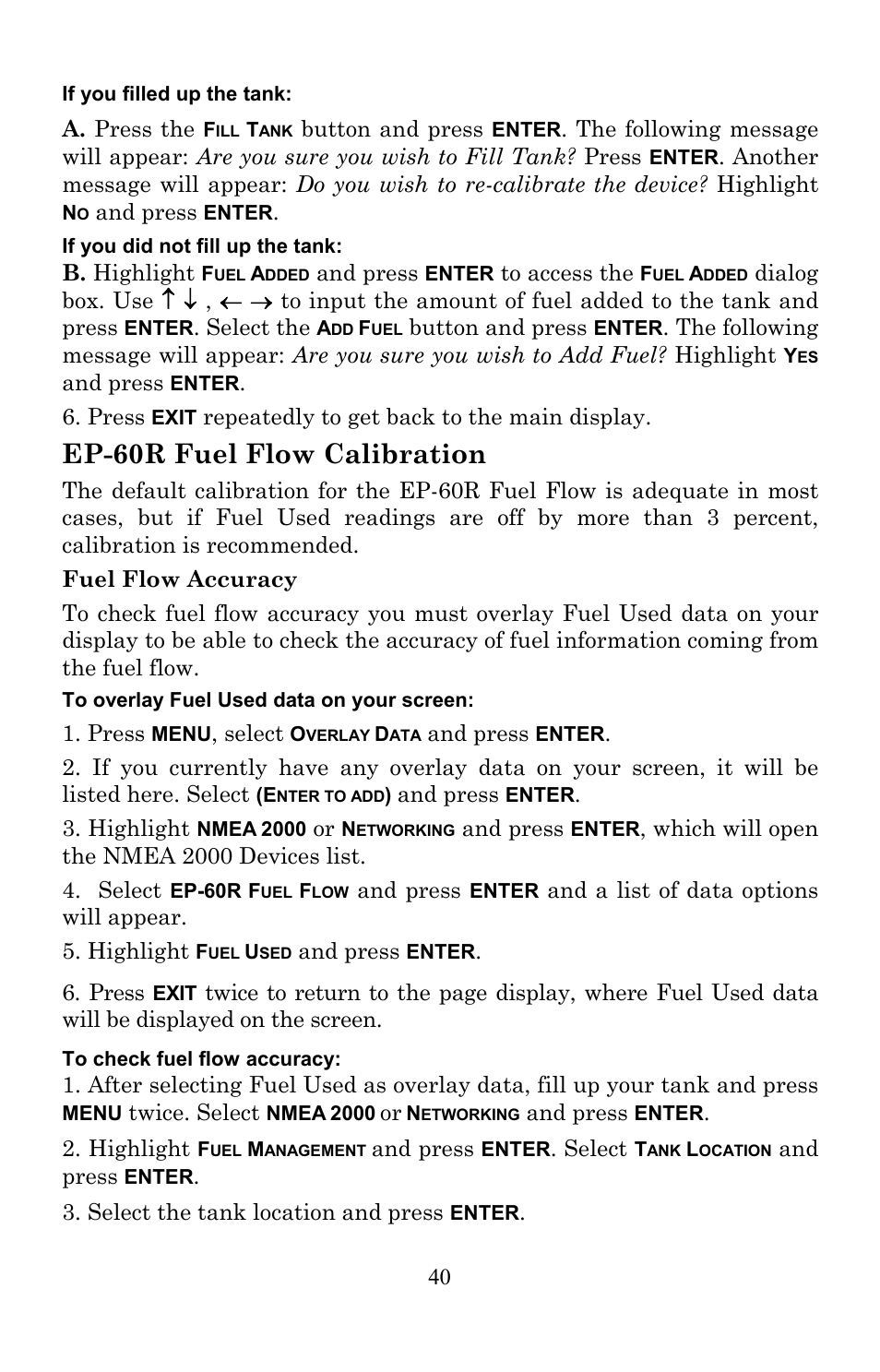 Ep-60r fuel flow calibration | Lowrance electronic EP-60R User Manual | Page 40 / 48