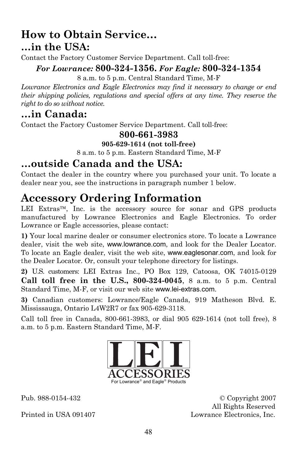 How to obtain service, Accessory ordering information, Outside canada and the usa | Lowrance electronic EP-60R User Manual | Page 48 / 48