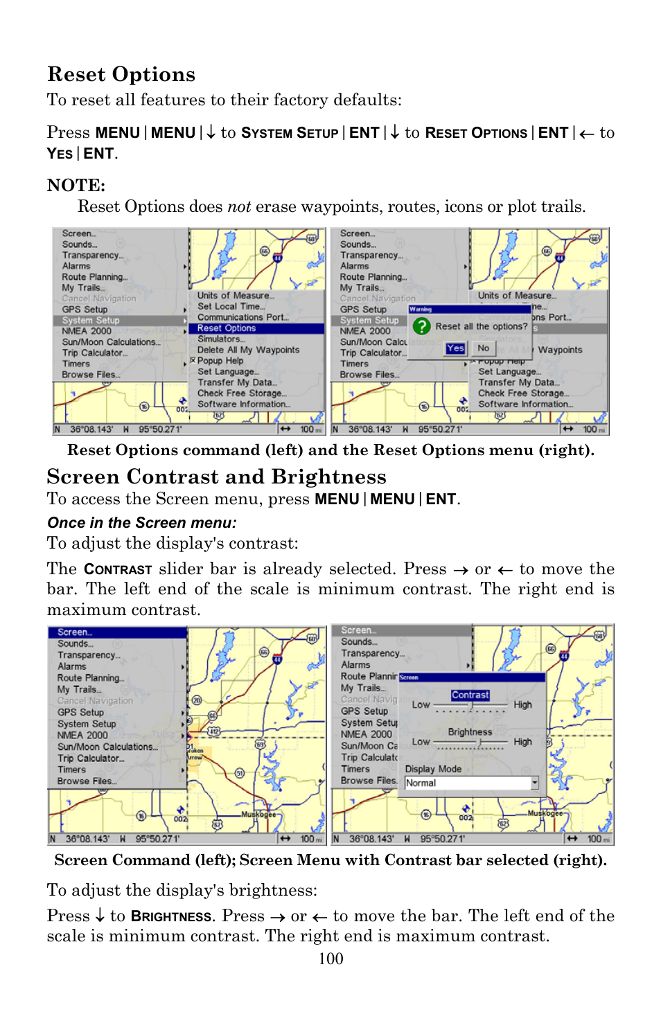 Reset options, Screen contrast and brightness | Lowrance electronic Lowrance GlobalMap 7200C User Manual | Page 108 / 168