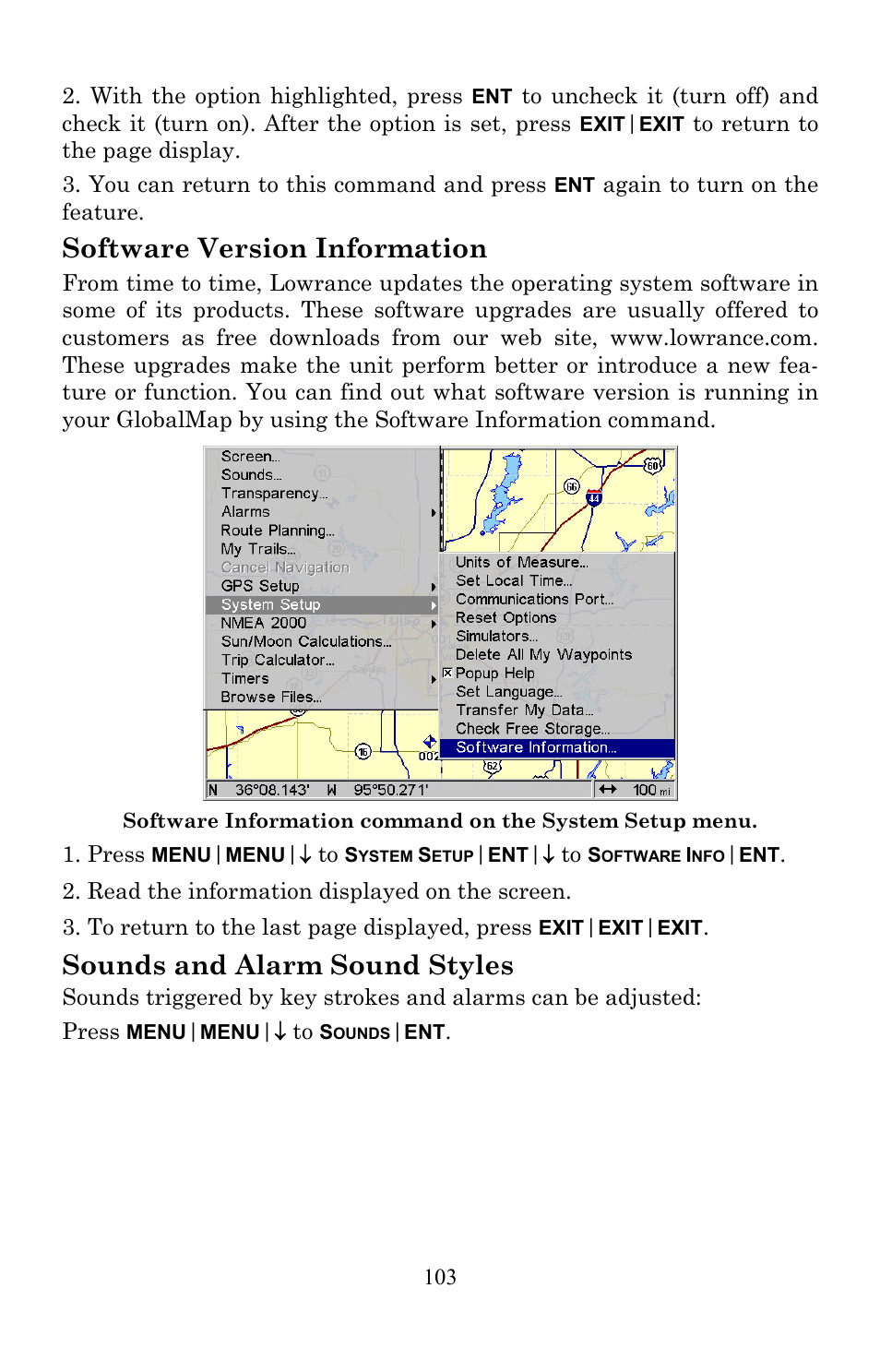 Software version information, Sounds and alarm sound styles | Lowrance electronic Lowrance GlobalMap 7200C User Manual | Page 111 / 168