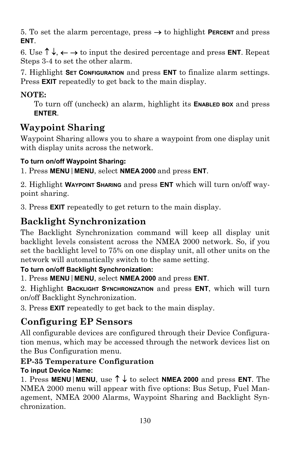 Waypoint sharing, Backlight synchronization, Configuring ep sensors | Lowrance electronic Lowrance GlobalMap 7200C User Manual | Page 138 / 168