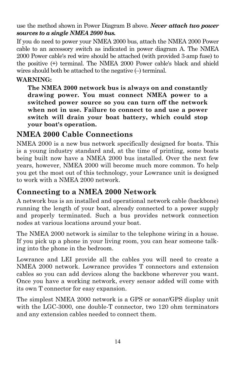 Nmea 2000 cable connections, Connecting to a nmea 2000 network | Lowrance electronic Lowrance GlobalMap 7200C User Manual | Page 22 / 168