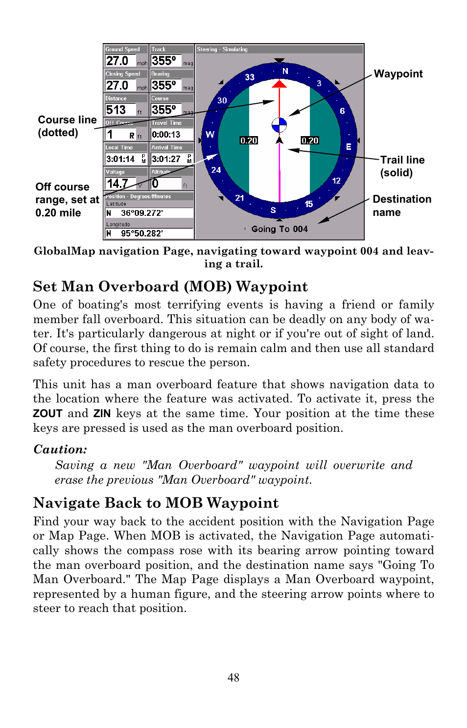 Set man overboard (mob) waypoint, Navigate back to mob waypoint | Lowrance electronic Lowrance GlobalMap 7200C User Manual | Page 56 / 168