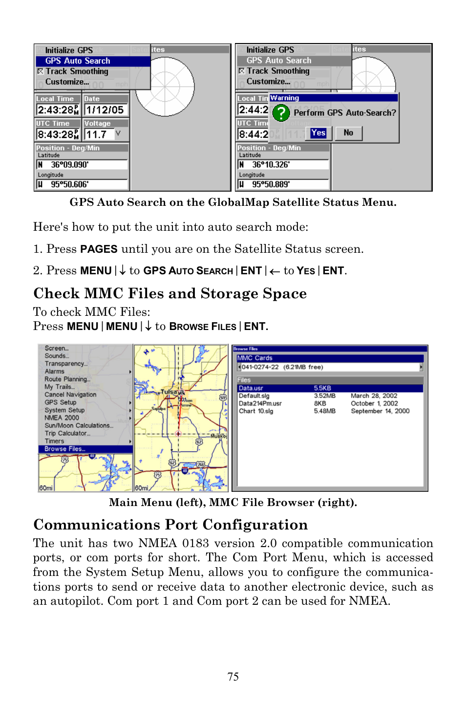 Check mmc files and storage space, Communications port configuration | Lowrance electronic Lowrance GlobalMap 7200C User Manual | Page 83 / 168