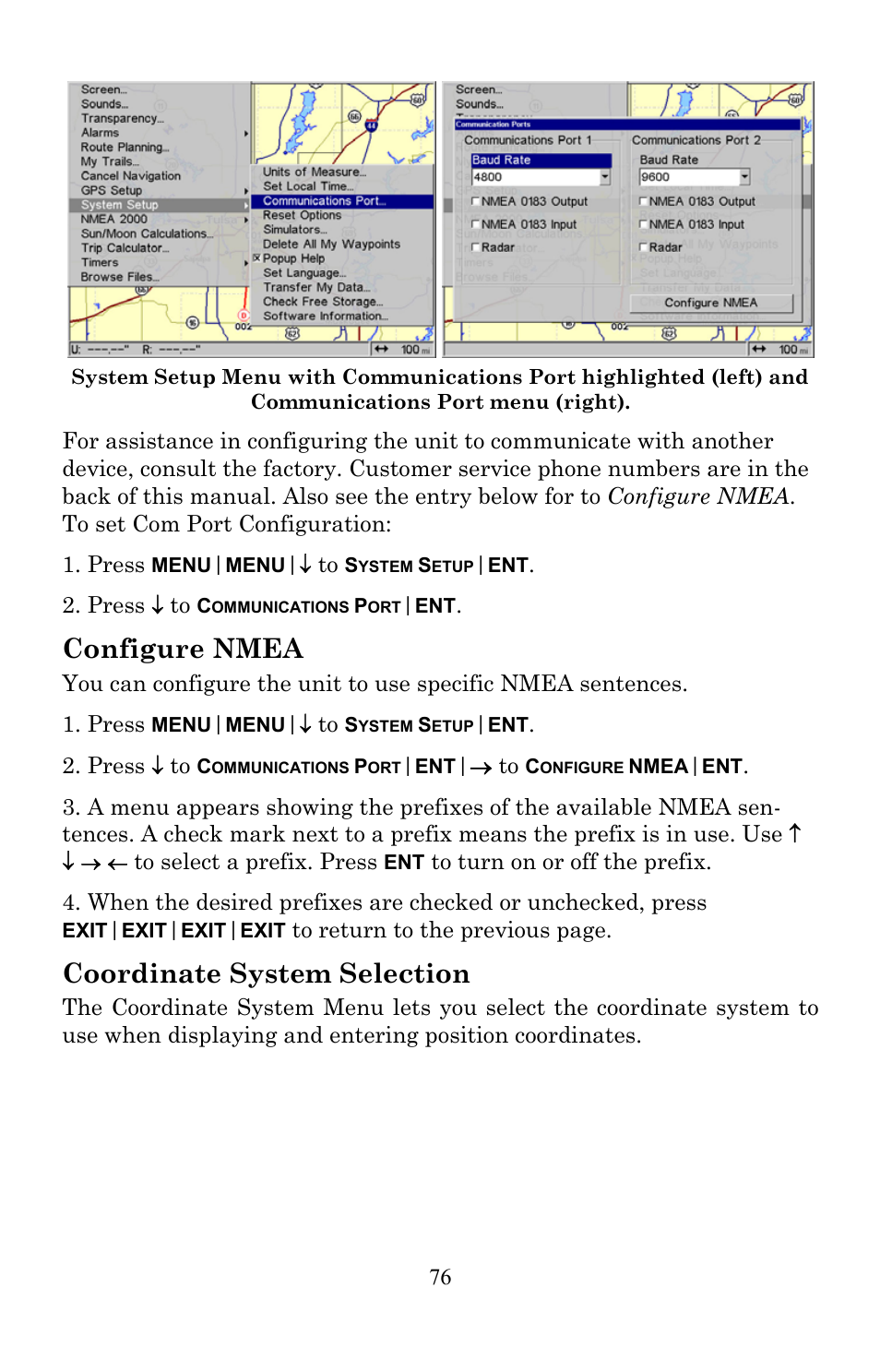 Configure nmea, Coordinate system selection | Lowrance electronic Lowrance GlobalMap 7200C User Manual | Page 84 / 168