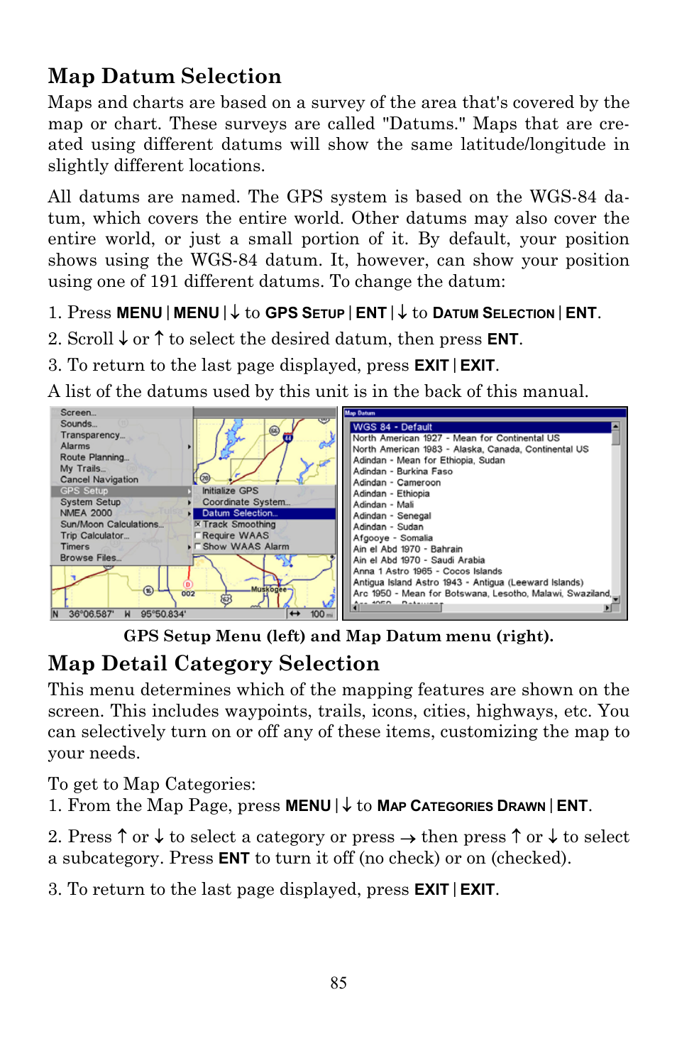 Map datum selection, Map detail category selection | Lowrance electronic Lowrance GlobalMap 7200C User Manual | Page 93 / 168