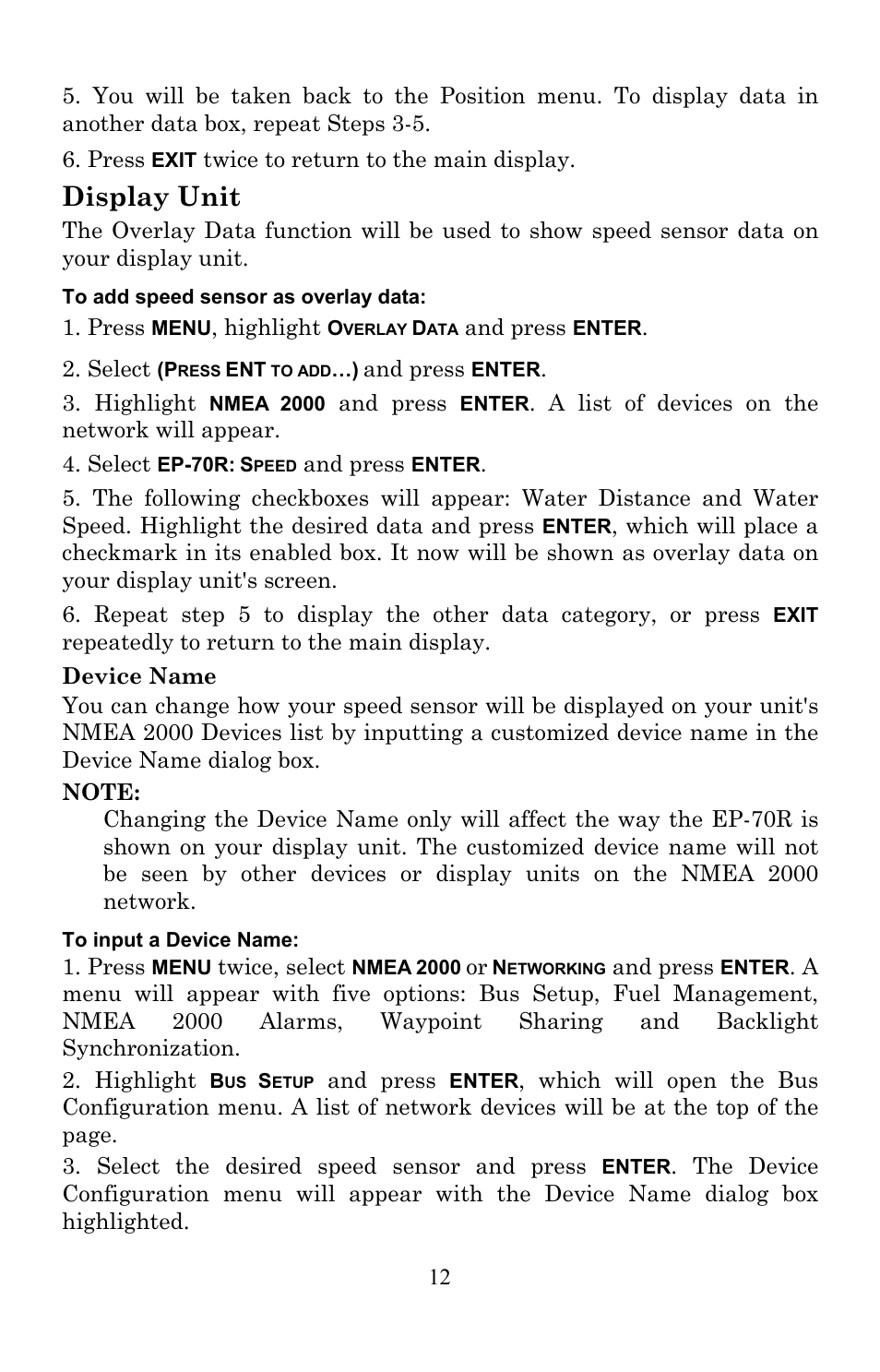 Display unit | Lowrance electronic Electronic Speed Sensor EP-70R User Manual | Page 12 / 16