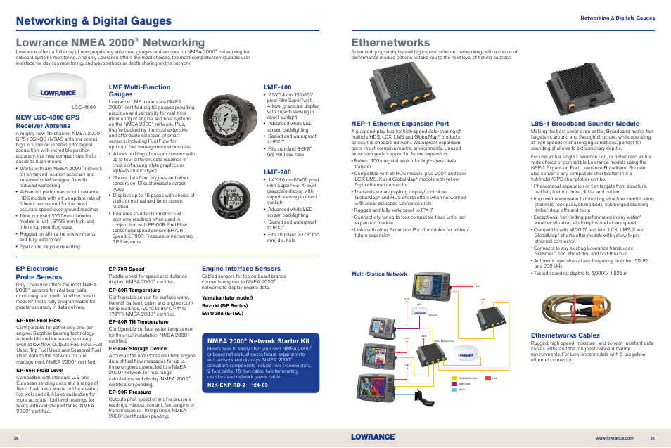 Networking & digital gauges lowrance nmea 2000, Networking, Ethernetworks | New lgc-4000 gps receiver antenna, Lmf multi-function gauges, Engine interface sensors, Lmf-400, Lmf-200, Ep electronic probe sensors, Lbs-1 broadband sounder module | Lowrance electronic NMEA 2000 User Manual | Page 14 / 21