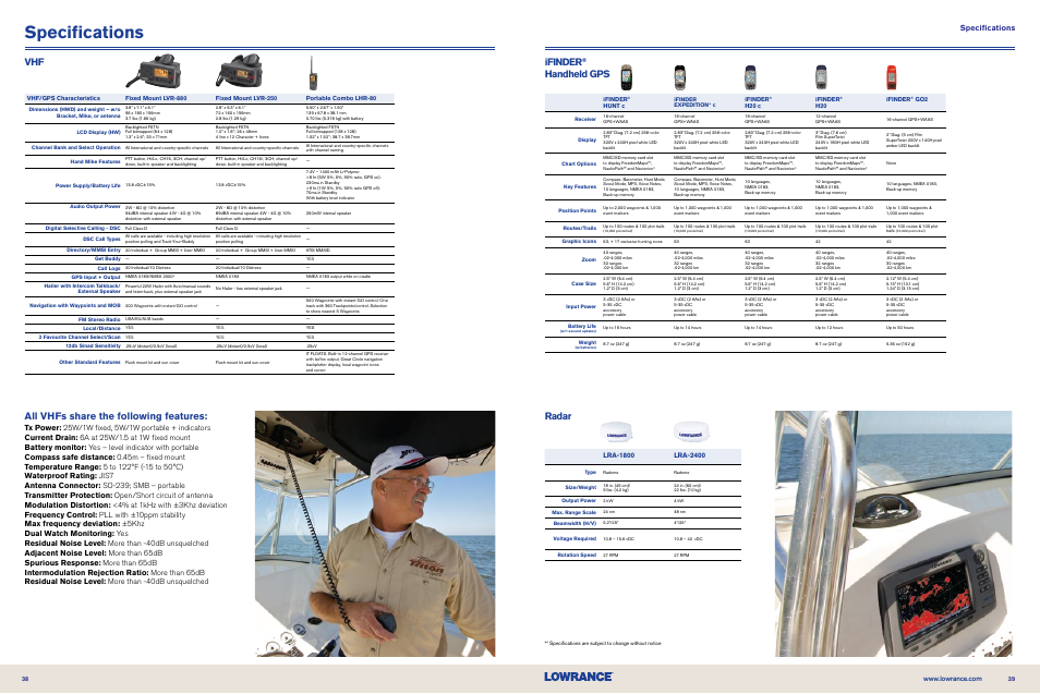 Specifications, Vhf all vhfs share the following features, Ifinder | Handheld gps radar | Lowrance electronic NMEA 2000 User Manual | Page 20 / 21