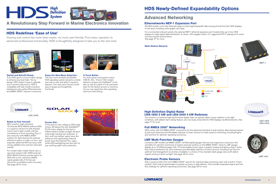 Hds newly-defined expandability options, Advanced networking, High definition system | Hds redefines ‘ease of use, Ethernetworks nep-1 expansion port, Full nmea 2000, Networking, Lmf multi-function gauges, Electronic probe sensors | Lowrance electronic NMEA 2000 User Manual | Page 4 / 21