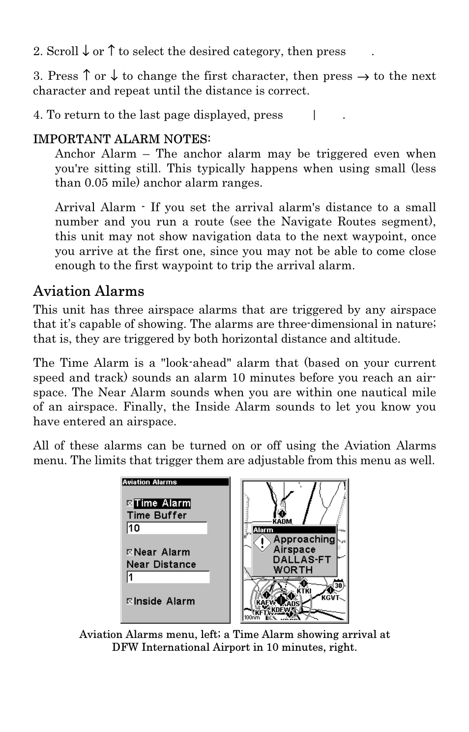 Aviation alarms | Lowrance electronic 500 User Manual | Page 74 / 132