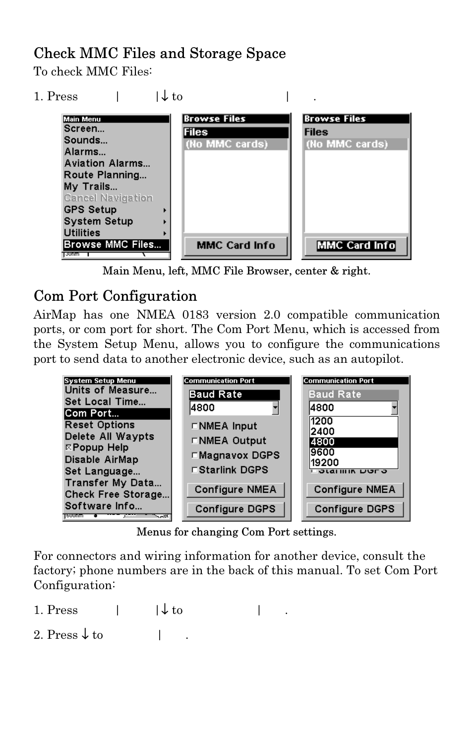 Check mmc files and storage space, Com port configuration | Lowrance electronic 500 User Manual | Page 76 / 132