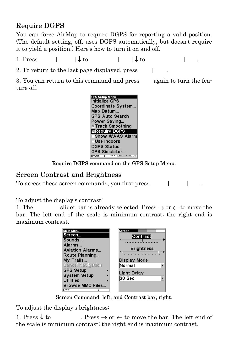 Require dgps, Screen contrast and brightness | Lowrance electronic 500 User Manual | Page 92 / 132