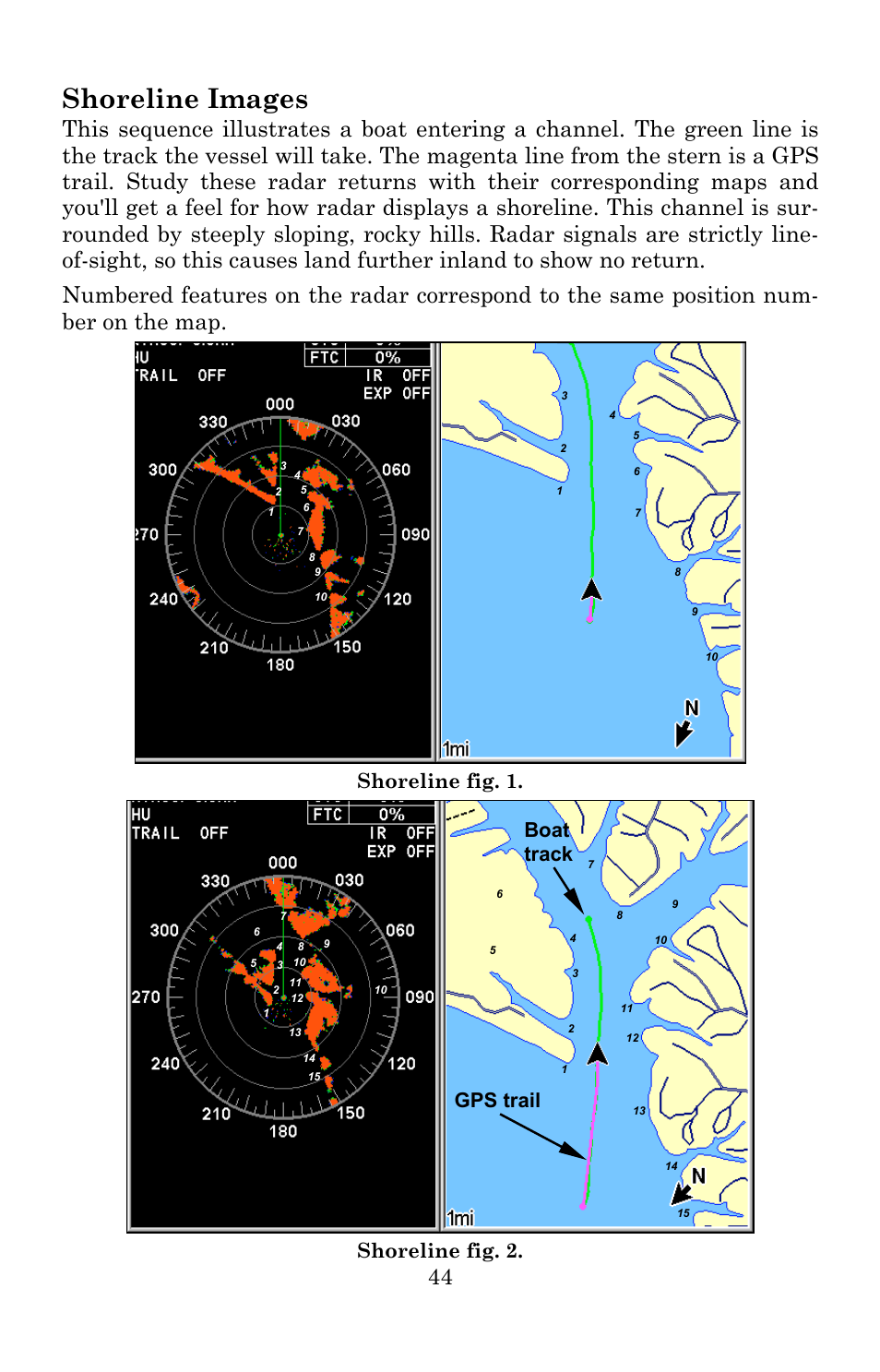 Shoreline images, Shoreline fig. 1. shoreline fig. 2, Gps trail boat track | Lowrance electronic LRA-1000 User Manual | Page 50 / 60