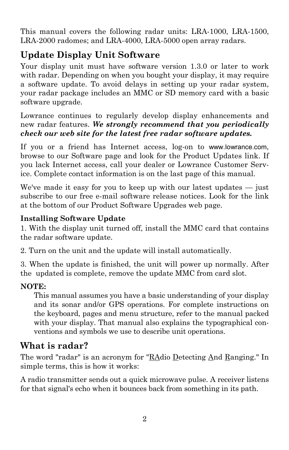 Update display unit software, What is radar | Lowrance electronic LRA-1000 User Manual | Page 8 / 60