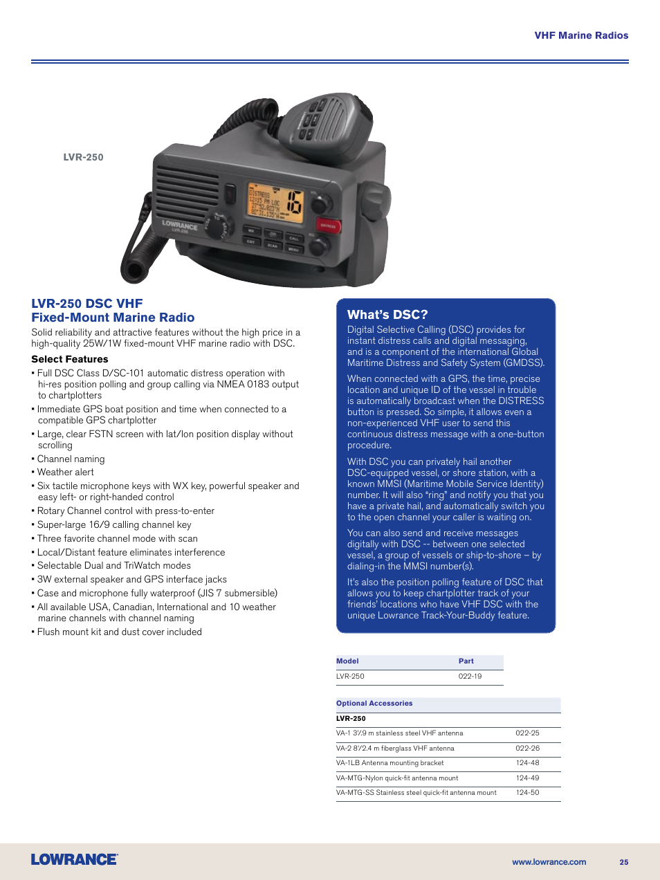 Lvr-250 dsc vhf fixed-mount marine radio, What’s dsc | Lowrance electronic Nautic Insight HDS-5m User Manual | Page 25 / 48