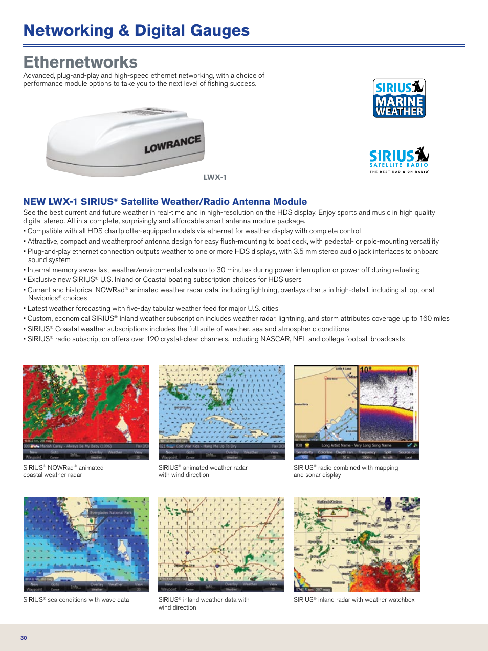 Ethernetworks, Networking & digital gauges, Weather | New lwx-1 sirius, Satellite weather/radio antenna module | Lowrance electronic Nautic Insight HDS-5m User Manual | Page 30 / 48