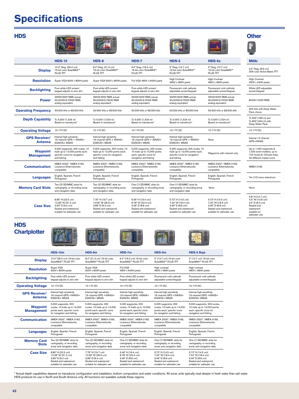 Specifications, Hds other hds chartplotter | Lowrance electronic Nautic Insight HDS-5m User Manual | Page 42 / 48