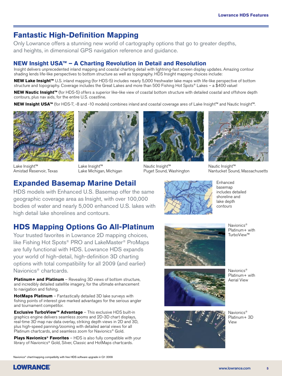 Fantastic high-definition mapping, Expanded basemap marine detail, Hds mapping options go all-platinum | Pro and lakemaster, Chartcards | Lowrance electronic Nautic Insight HDS-5m User Manual | Page 5 / 48