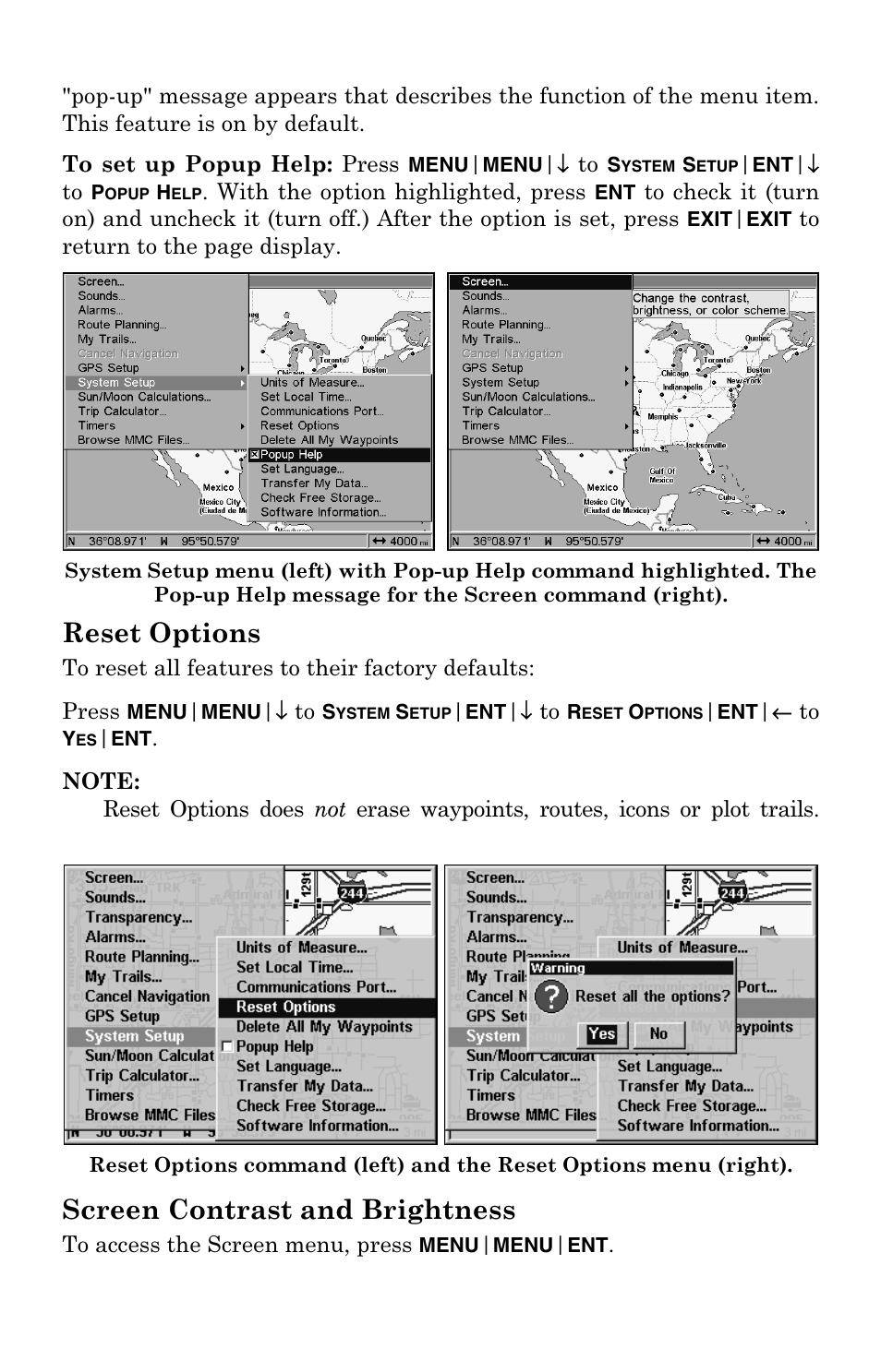 Reset options, Screen contrast and brightness | Lowrance electronic Lowrance GlobalMap 6500C User Manual | Page 108 / 144