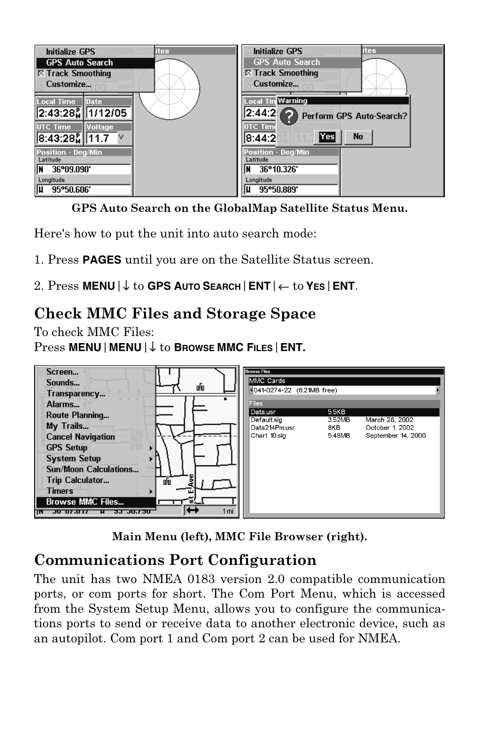 Check mmc files and storage space, Communications port configuration | Lowrance electronic Lowrance GlobalMap 6500C User Manual | Page 83 / 144