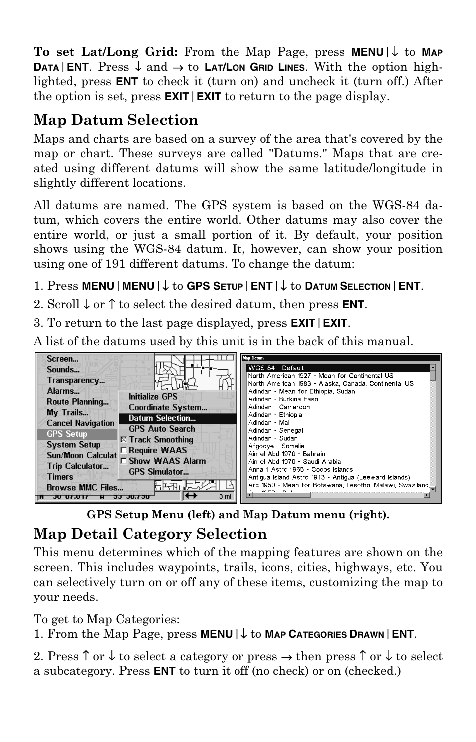 Map datum selection, Map detail category selection | Lowrance electronic Lowrance GlobalMap 6500C User Manual | Page 93 / 144