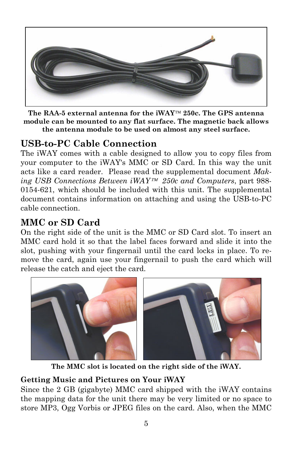 Usb-to-pc cable connection, Mmc or sd card | Lowrance electronic Lowrance iWAY 250C User Manual | Page 11 / 76