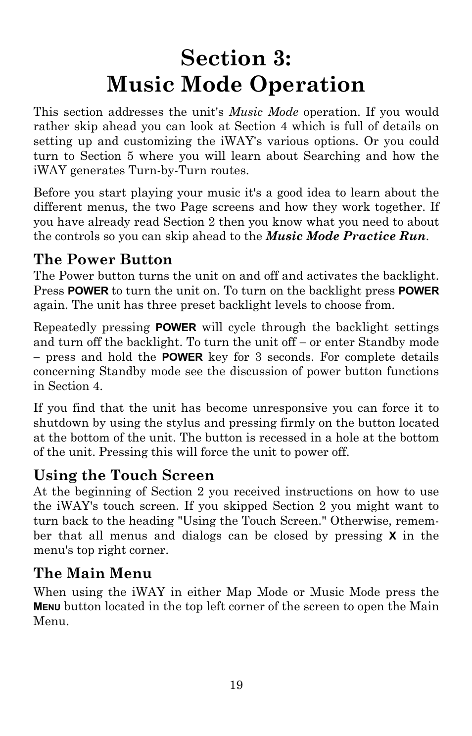 The power button, Using the touch screen, The main menu | Lowrance electronic Lowrance iWAY 250C User Manual | Page 25 / 76