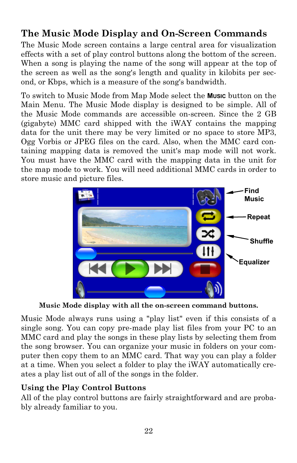 The music mode display and on-screen commands | Lowrance electronic Lowrance iWAY 250C User Manual | Page 28 / 76