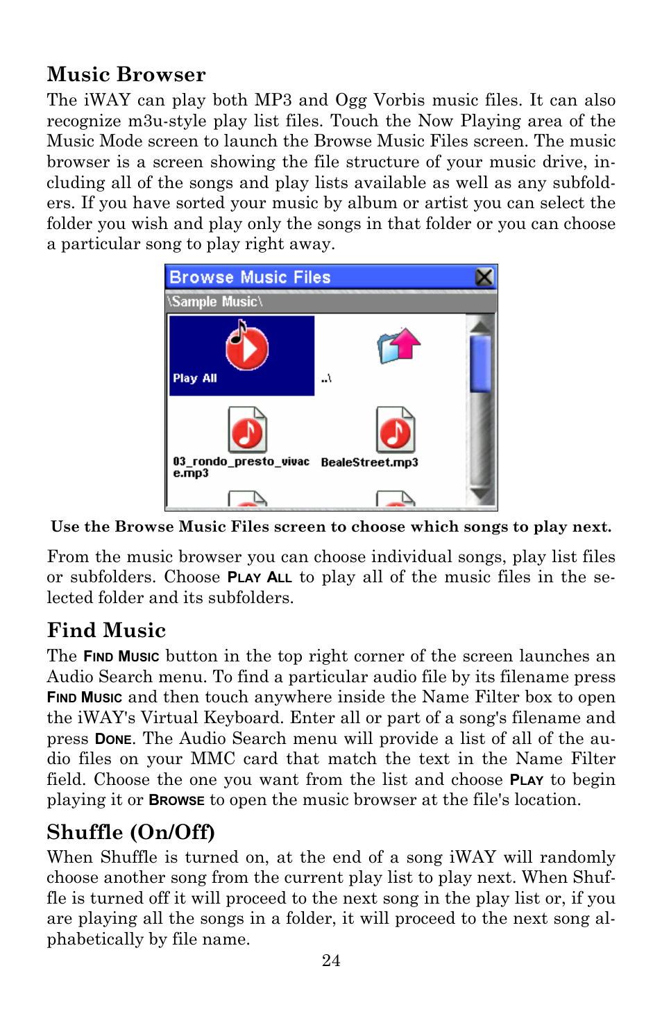 Music browser, Find music, Shuffle (on/off) | Lowrance electronic Lowrance iWAY 250C User Manual | Page 30 / 76