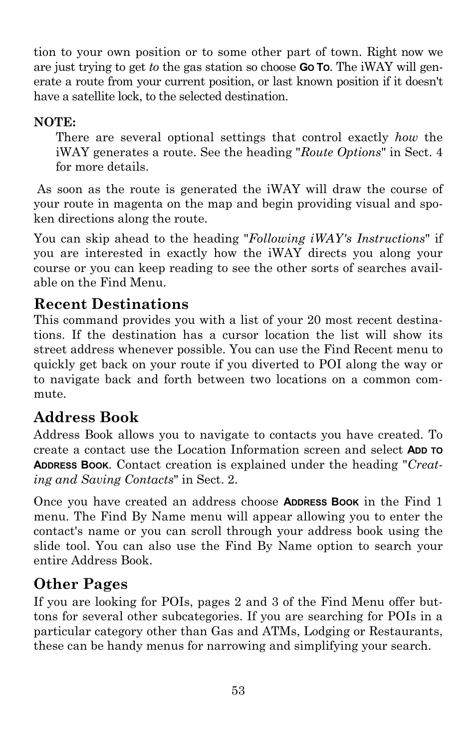 Recent destinations, Address book, Other pages | Lowrance electronic Lowrance iWAY 250C User Manual | Page 59 / 76