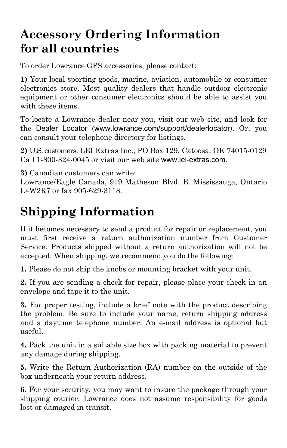 Accessory ordering information for all countries, Shipping information | Lowrance electronic Lowrance iWAY 250C User Manual | Page 75 / 76