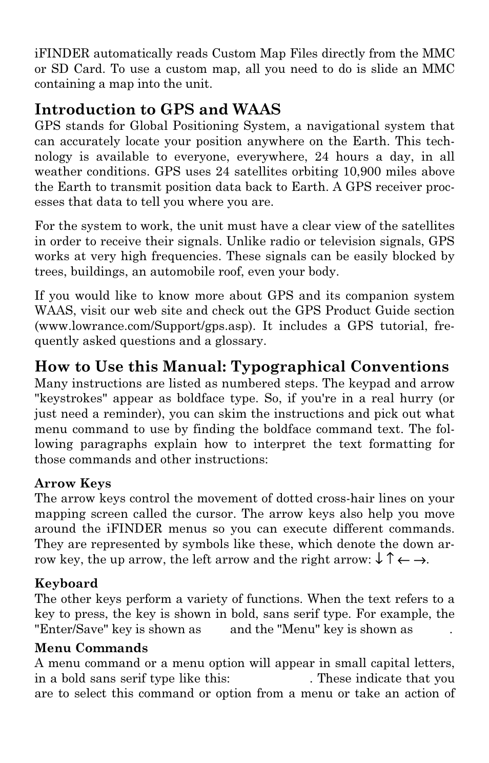 Introduction to gps and waas, How to use this manual: typographical conventions | Lowrance electronic Mapping GPS & MP3 Player User Manual | Page 10 / 124