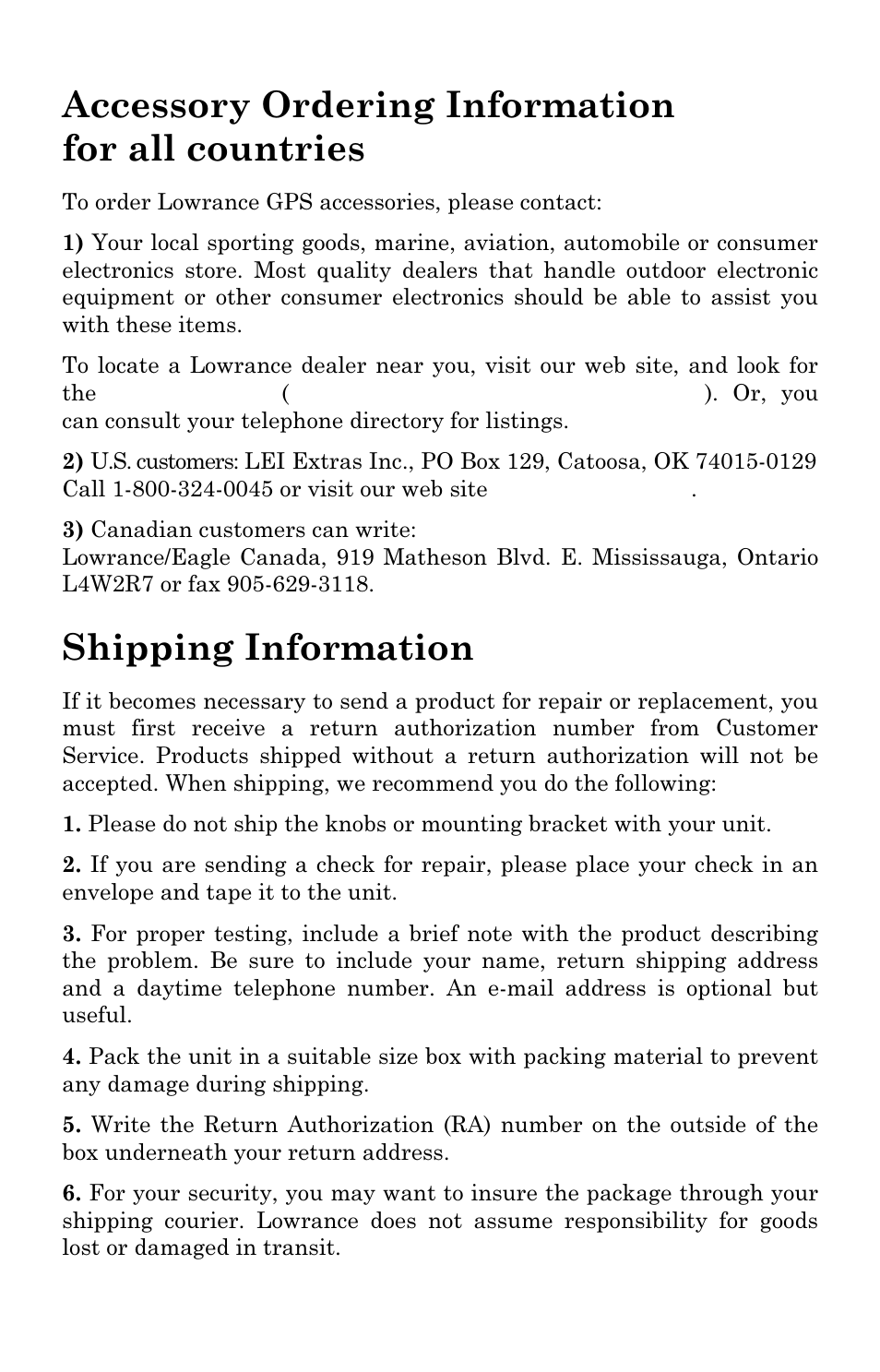 Accessory ordering information for all countries, Shipping information | Lowrance electronic Mapping GPS & MP3 Player User Manual | Page 123 / 124