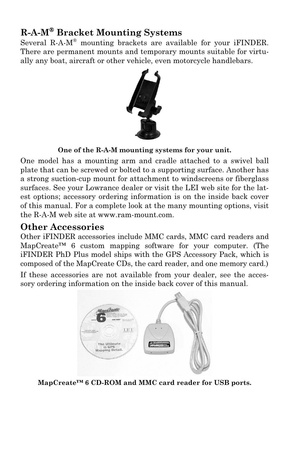 R-a-m, Bracket mounting systems, Other accessories | Lowrance electronic Mapping GPS & MP3 Player User Manual | Page 20 / 124