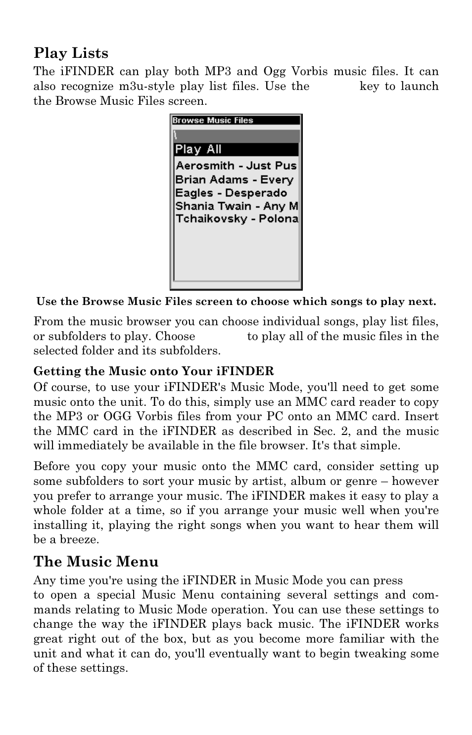 Play lists, The music menu | Lowrance electronic Mapping GPS & MP3 Player User Manual | Page 28 / 124