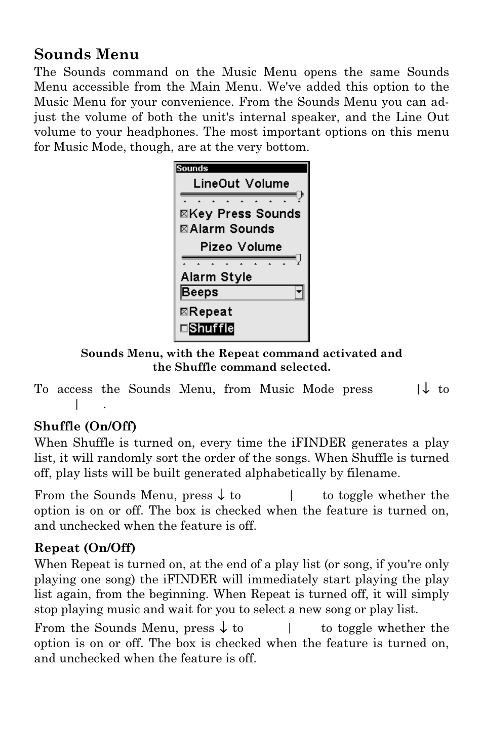 Sounds menu | Lowrance electronic Mapping GPS & MP3 Player User Manual | Page 30 / 124