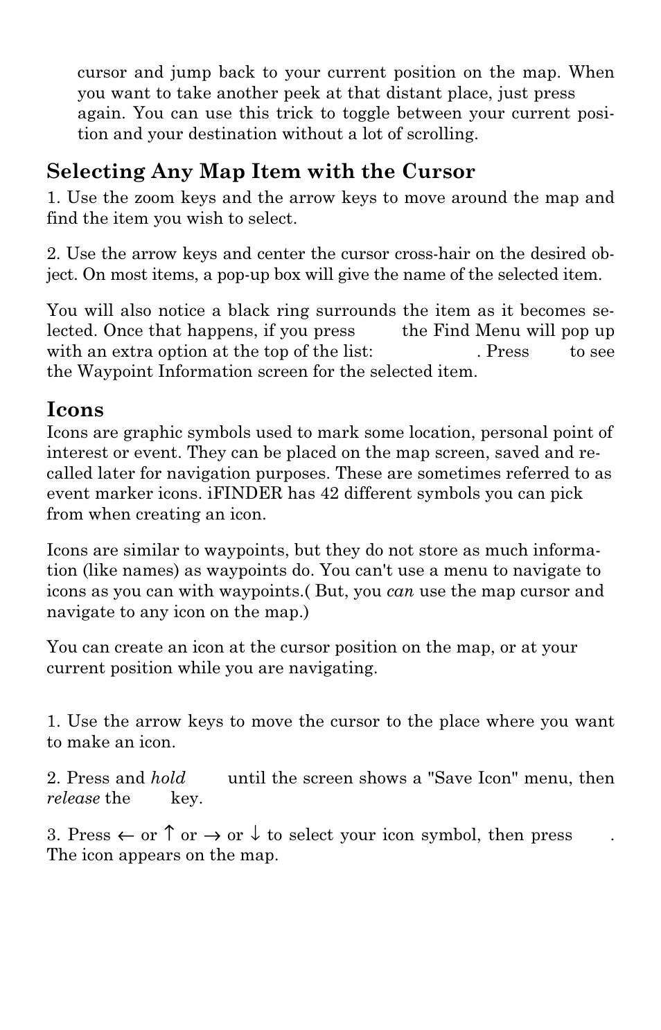 Selecting any map item with the cursor, Icons | Lowrance electronic Mapping GPS & MP3 Player User Manual | Page 46 / 124