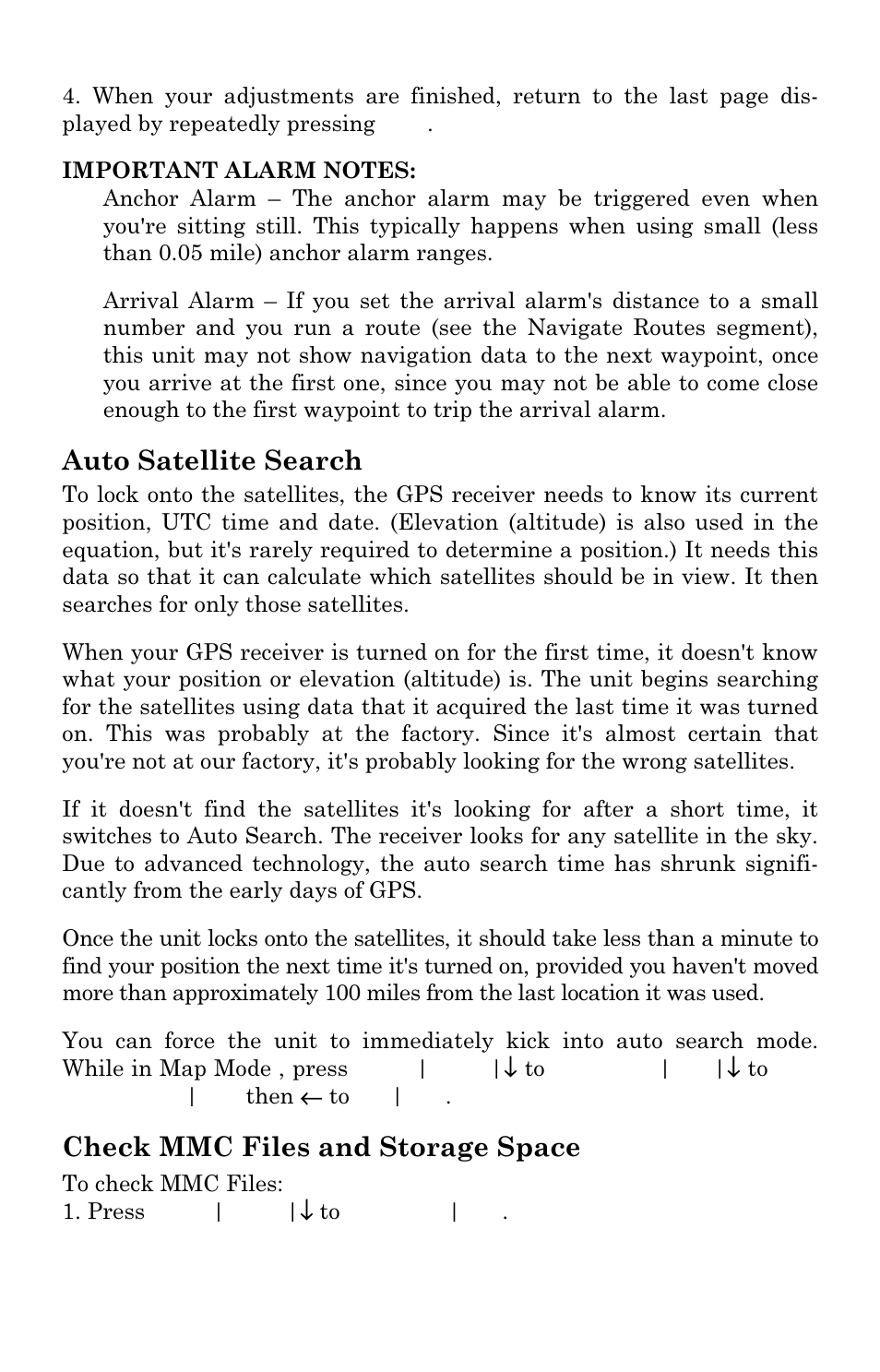 Auto satellite search, Check mmc files and storage space | Lowrance electronic Mapping GPS & MP3 Player User Manual | Page 66 / 124