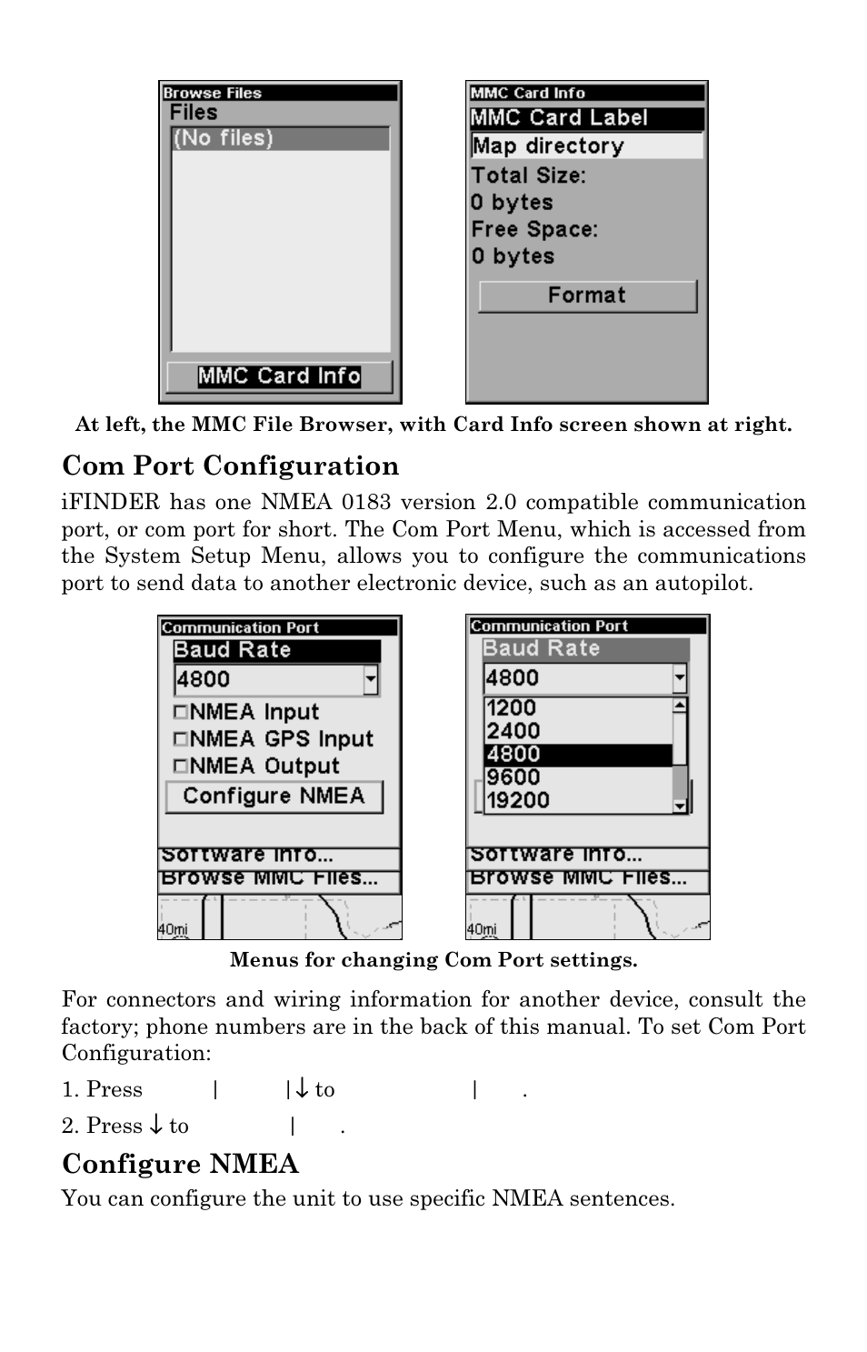 Com port configuration, Configure nmea | Lowrance electronic Mapping GPS & MP3 Player User Manual | Page 67 / 124
