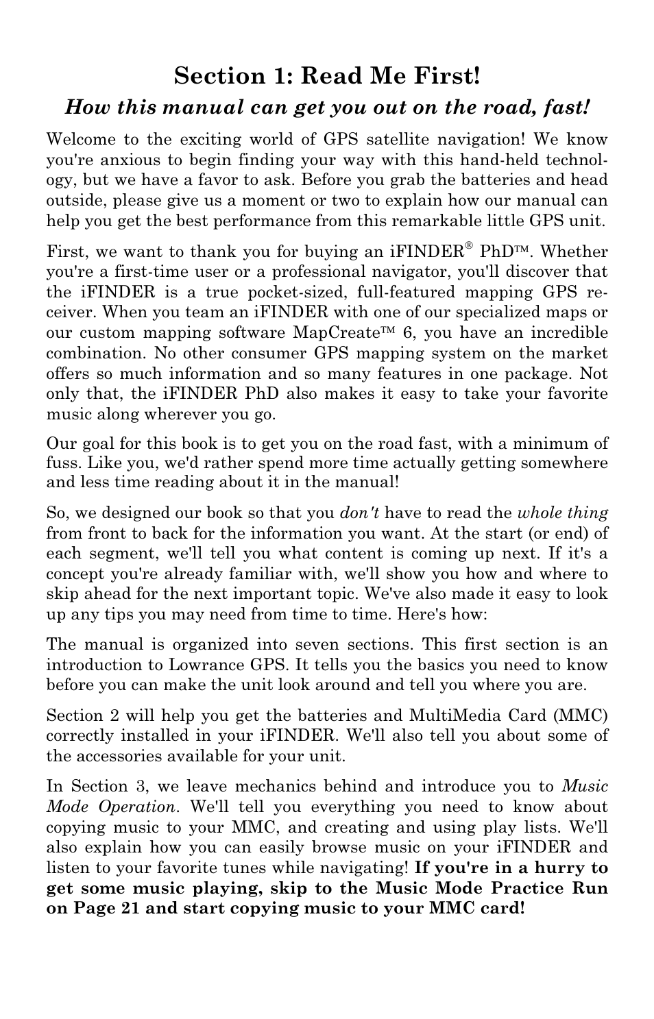 How this manual can get you out on the road, fast | Lowrance electronic Mapping GPS & MP3 Player User Manual | Page 7 / 124