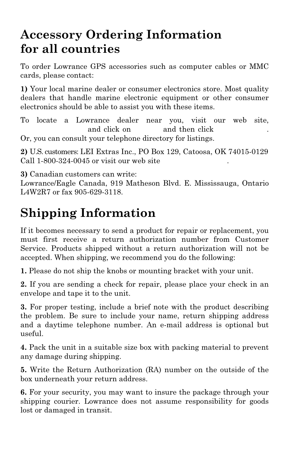 Accessory ordering information for all countries, Shipping information | Lowrance electronic Handheld Mapping GPS Receiver User Manual | Page 139 / 140