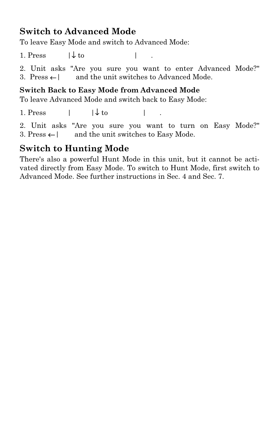 Switch to advanced mode, Switch to hunting mode | Lowrance electronic Handheld Mapping GPS Receiver User Manual | Page 48 / 140