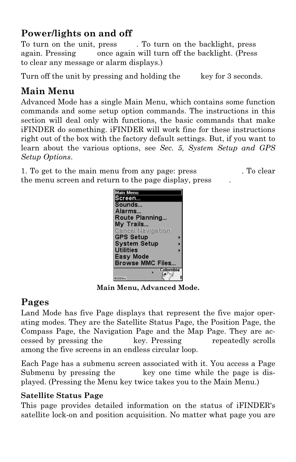 Power/lights on and off, Main menu, Pages | Lowrance electronic Handheld Mapping GPS Receiver User Manual | Page 50 / 140
