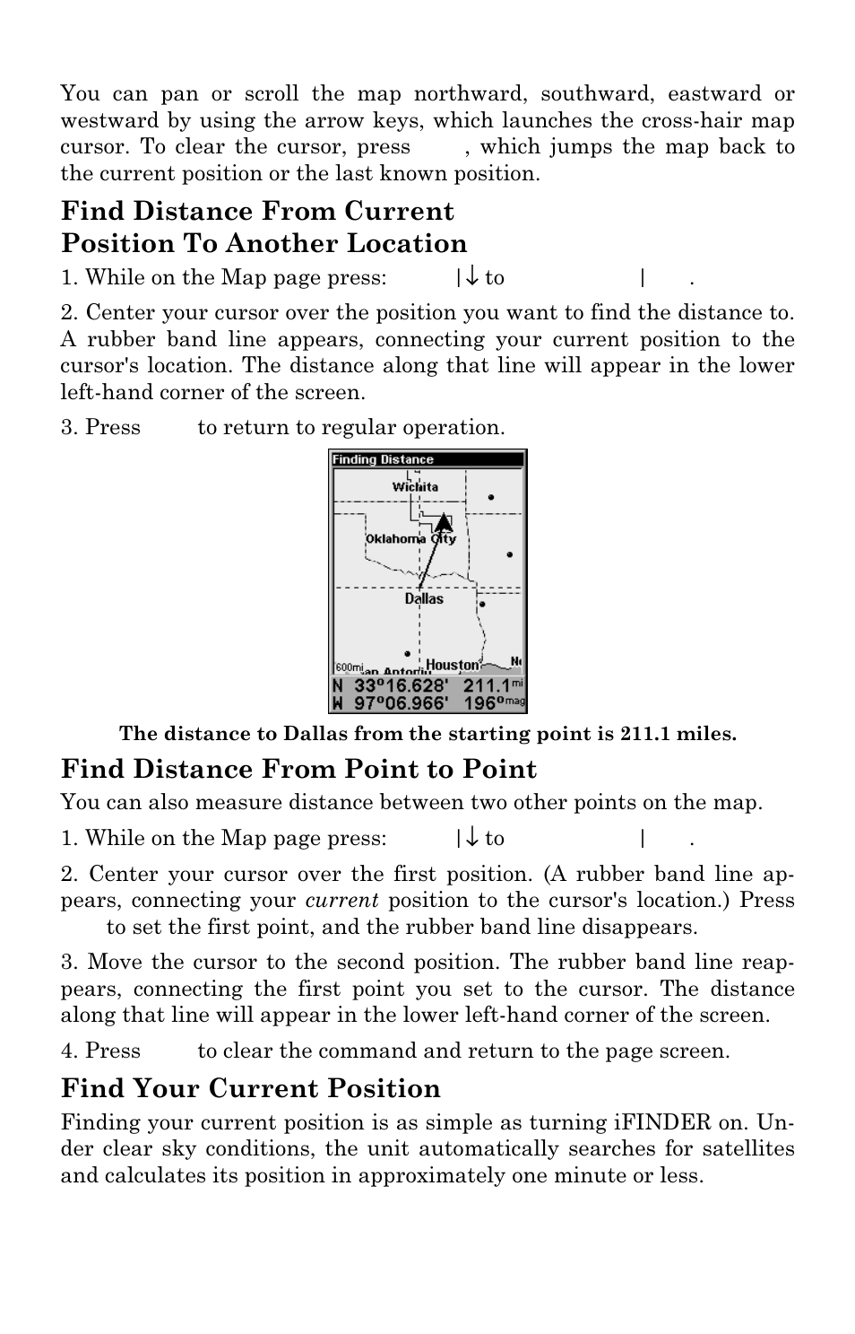 Find distance from point to point, Find your current position | Lowrance electronic Handheld Mapping GPS Receiver User Manual | Page 56 / 140