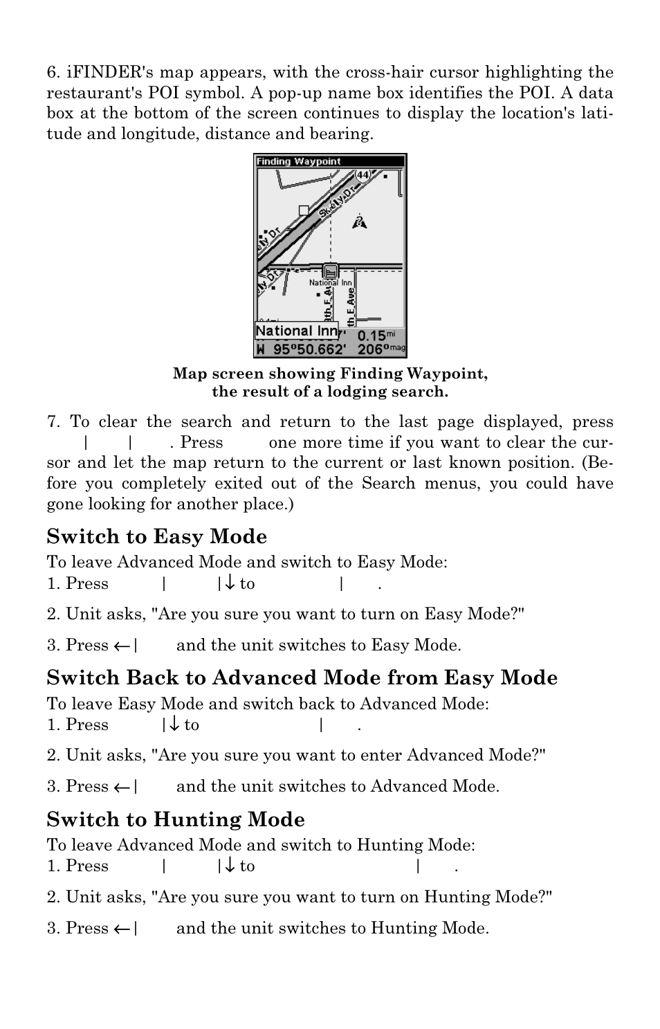 Switch to easy mode, Switch back to advanced mode from easy mode, Switch to hunting mode | Lowrance electronic Handheld Mapping GPS Receiver User Manual | Page 66 / 140