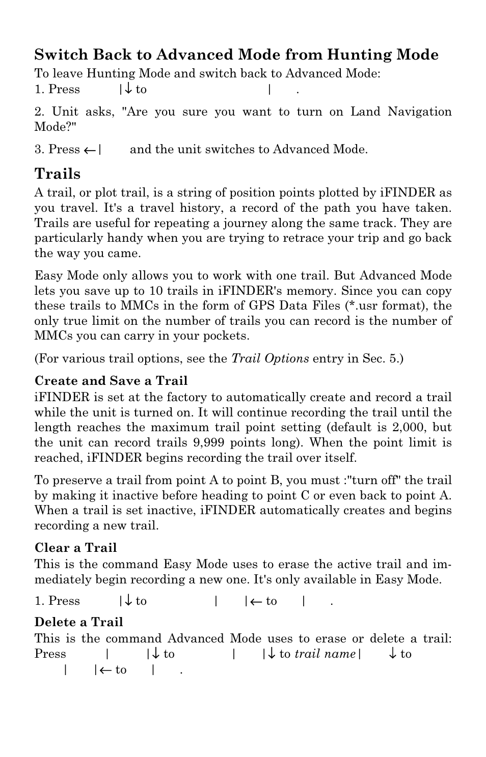 Switch back to advanced mode from hunting mode, Trails | Lowrance electronic Handheld Mapping GPS Receiver User Manual | Page 67 / 140