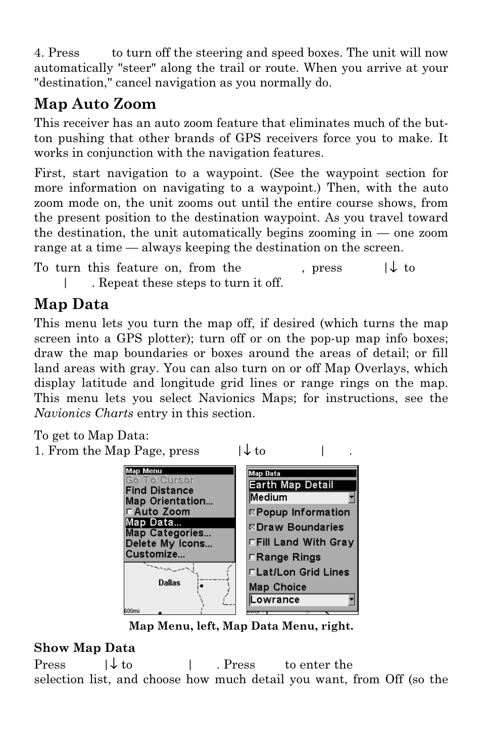 Map auto zoom, Map data | Lowrance electronic Handheld Mapping GPS Receiver User Manual | Page 82 / 140