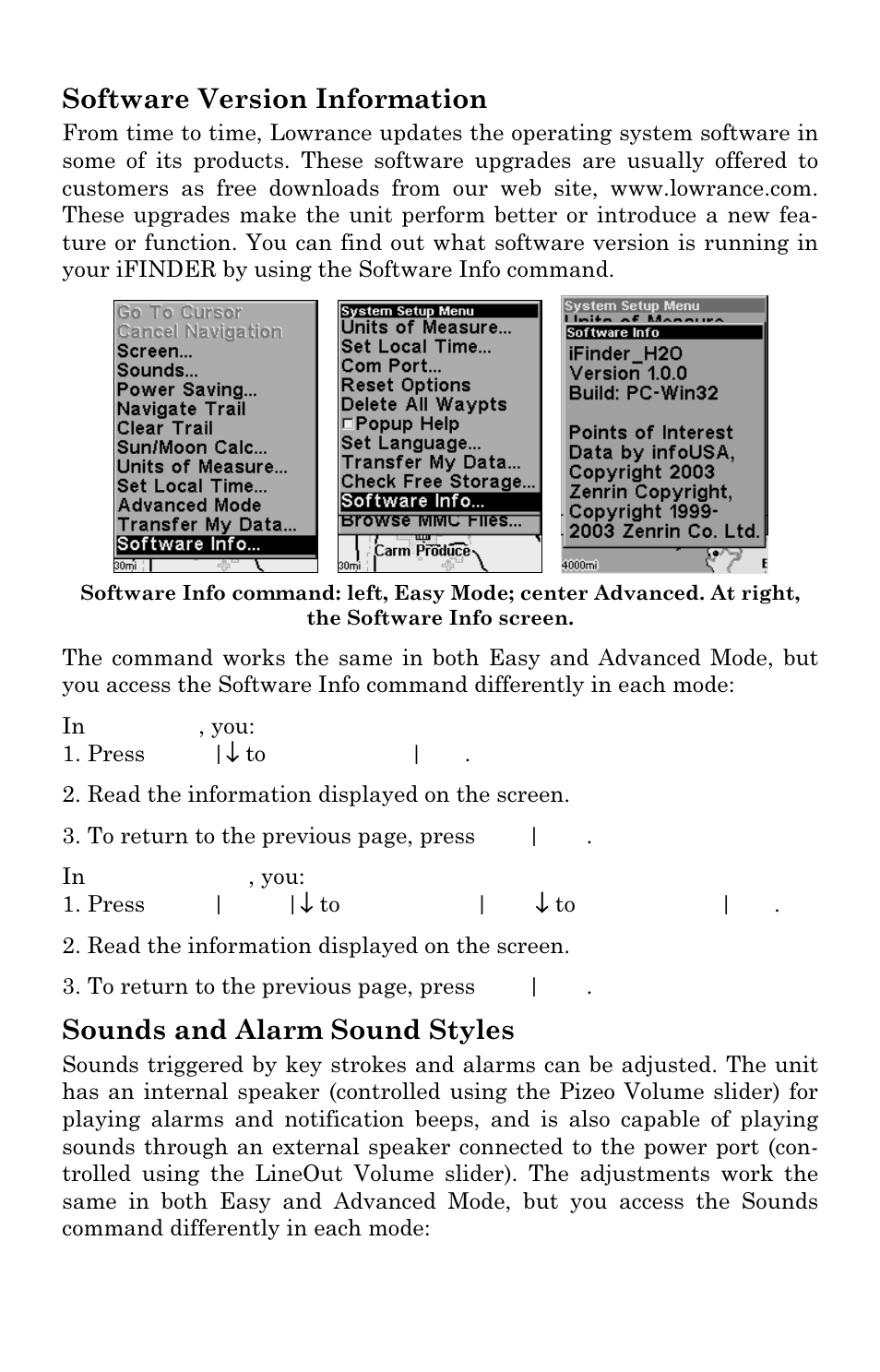 Software version information, Sounds and alarm sound styles | Lowrance electronic Handheld Mapping GPS Receiver User Manual | Page 96 / 140